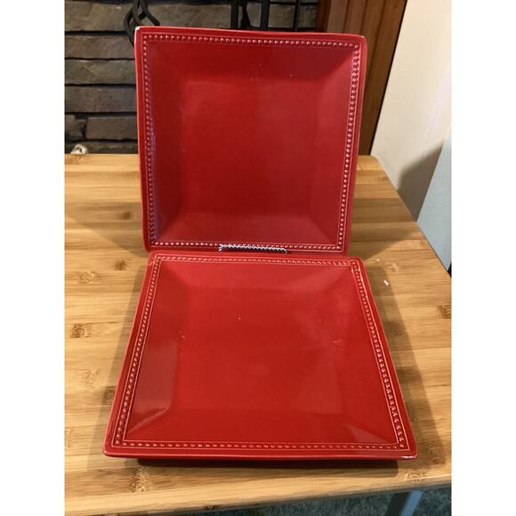 Pier 1 Imports Spice Route‎ Paprika 10.5" Square 2 Dinner Plates Beaded Edge Red - Picture 1 of 4